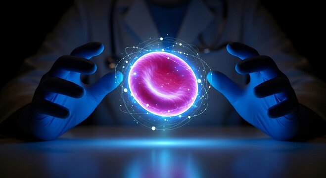 Scientist holding glowing red blood cell in futuristic lab. - Powered by Adobe