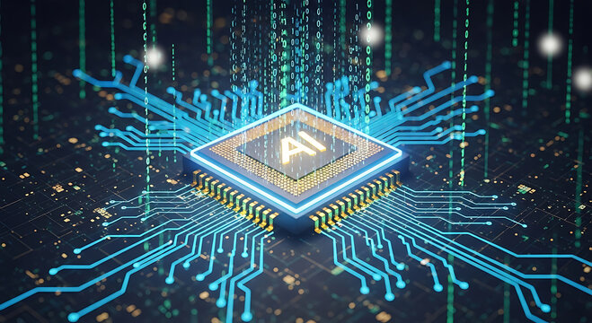 Central A I processor chip with glowing blue circuits and binary code AI chip