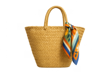 Woven straw tote bag with colorful scarf for summer fashion