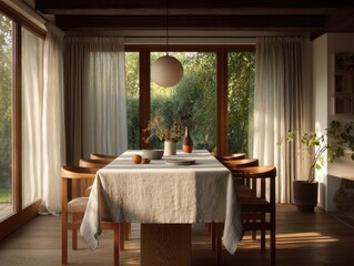 A table with a white tablecloth and a vase of flowers on it. There are six chairs around the table