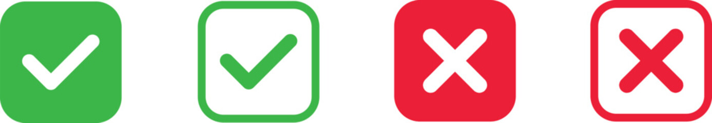 Fototapeta premium Check mark icon set. Check box icon with right and wrong buttons and yes or no checkmark icons in green tick box and red cross. vector illustration .