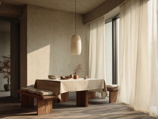 A table with a lamp on it and a vase on it. The table is covered with a white cloth