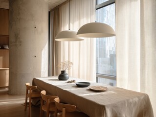 A table with a vase and a bowl on it. There are two chairs on either side of the table