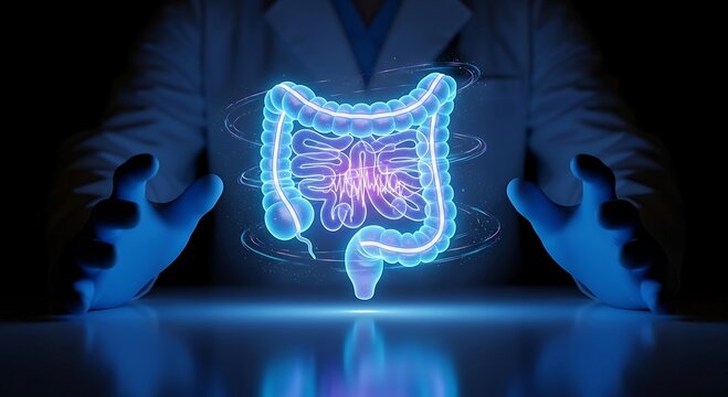 Futuristic medical technology displaying a glowing digital hologram of the human intestines.