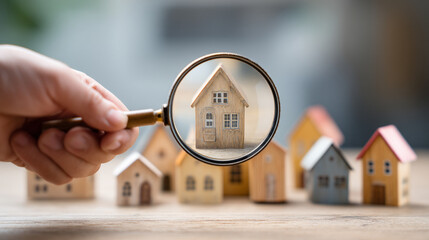Hand holding magnifying glass over miniature wooden house models on wooden surface