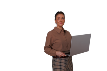 Young businesswoman holding laptop, ready for presentation, digital communication, professional workspace, transparent background