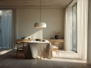 A table with a white tablecloth and a vase of flowers on it. There are four chairs around the table