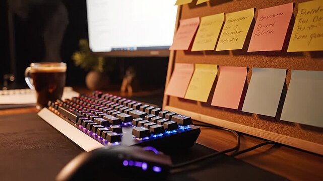 Keyboard glows on a study workstation, warm backlight spills over a grid of stickynotes