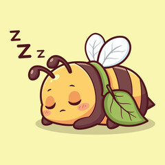 Cute Sleeping Bee with Leaf Blanket and Peaceful Expression – Whimsical Vector Illustration for Relaxation and Nature Themes