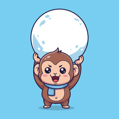 Cute Monkey in Blue Scarf Holding Snowball Overhead with Joyful Expression – Whimsical Vector Illustration for Winter and Celebration Themes