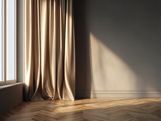 A window with a curtain in front of it. The curtain is white and is hanging down. The room is empty and has a wooden floor