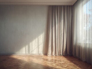 A room with a white wall and a wooden floor. The room is empty and has a window with white curtains
