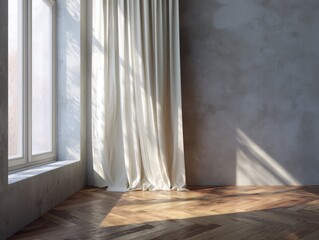 A room with a window and a curtain. The curtain is white and is hanging over the window