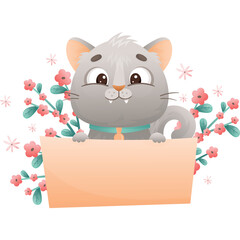 Cute Gray Cartoon Cat Holding a Blank Peach Sign with Pink Flowers and Green Leaves Decoration Transparent Background
