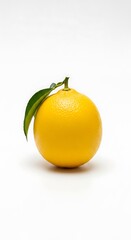 Vibrant Citrus - A Single Orange with Leaf on White.