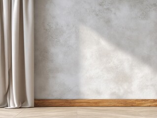 A white wall with a wooden base and a curtain hanging over it. The curtain is white and has a pattern