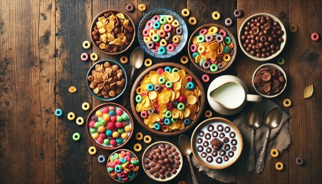 Several colorful of ceramic bowls filled with colorful cereal and milk on the rustic wooden table - Powered by Adobe