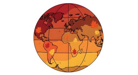 Global Autumn Map Illustration. World Fall Season Globe with Changing Colors and Leaves.