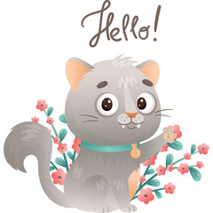 Cute Gray Cartoon Cat Wearing A Teal Collar With A Bell Charm Surrounded By Pink Spring Flowers And Green Leaves With The Word Hello Written Above The Cat On A White Transparent Background