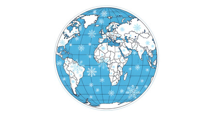 Global Winter Map Illustration: Stylized Earth Globe Covered in Snowflakes