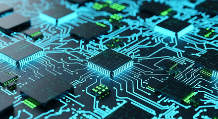 Close up of glowing blue circuit board with microchips and green lights technology electronics