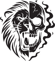 Obraz premium Striking black and white graphic design merging a fierce lion head with a detailed human skull