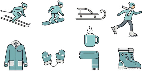 Collection of winter sport and clothing icons representing cold weather activities and apparel