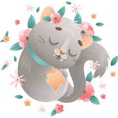 Cute Gray Cat Curled Up Surrounded by Pink and Orange Flowers and Green Leaves on a Transparent Background