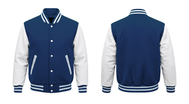 Dark Blue and White Varsity Baseball Jacket Front and Back View on White Background