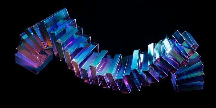 Abstract crystal prism sculpture with vibrant iridescent colors and dynamic geometric forms against black background