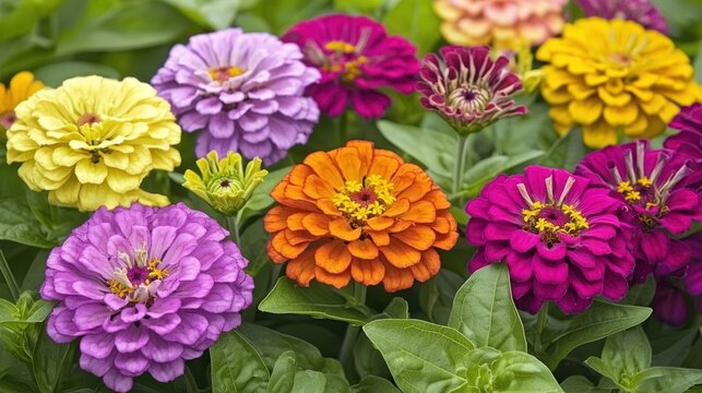 A close-up of summer garden flowers like lavender, marigolds, and zinnias in a lush, well-kept garden.