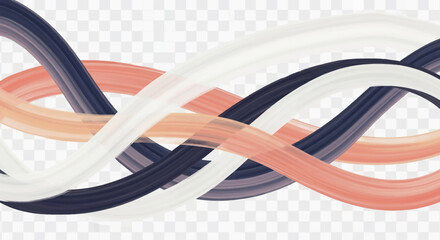 Intertwined wavy brush strokes in dark blue, white, and peach create a flowing abstract pattern.
