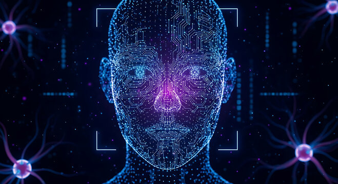 Digital human face with circuit board patterns and glowing neurons digital face - Powered by Adobe