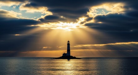 Dramatic lighthouse sunset with rays of light piercing through clouds over water
