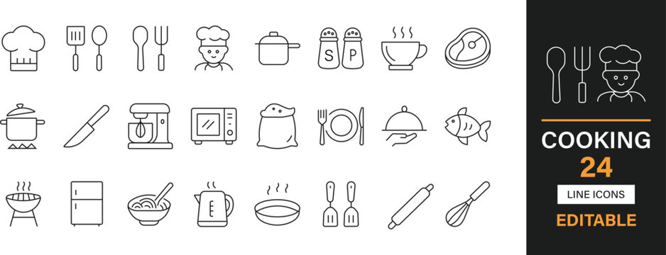 Cooking 24 editable line icons pack. kitchen, chef, food, utensils, cookware, meal, recipe, cuisine, restaurant, kitchenware, gastronomy, culinary and more icons.