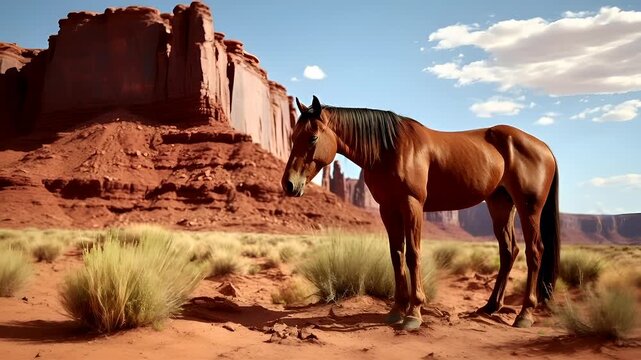 A vivid, realistic portrayal of a horse in a desert landscape. The horse is depicted in a side profile, standing on a sandy terrain with sparse vegetation.