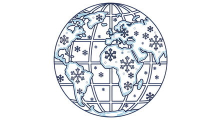 Global Winter Icon: Earth Globe Line Art with Blue Snowflakes Vector Illustration