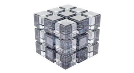 Abstract Transparent Cubes Forming a Larger Cube with Circuitry Details geometric isolated on a transparent background