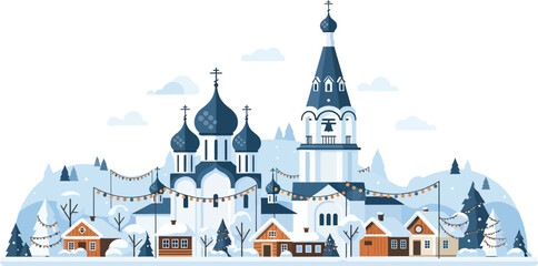 Obraz premium Festive Snowy Village Scene Featuring a Russian Orthodox Church with Blue Domes and Decorative Lights Under a Winter Sky