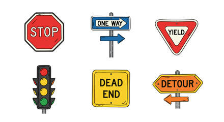 Set of traffic signs including stop, yield, and detour indicators  