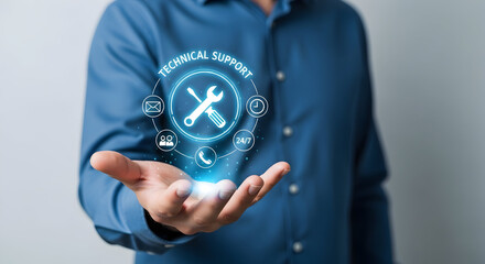 Technical Support Concept - Man Holding Hologram with Tools and Icons.