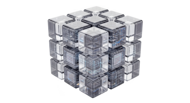 Abstract Transparent Cubes Forming a Larger Cube with Circuitry Details geometric isolated on a transparent background
