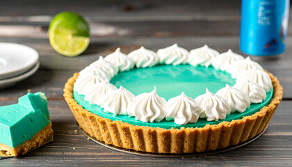 Delicious Key Lime Pie with Whipped Cream and Fresh Limes on a Wooden Table