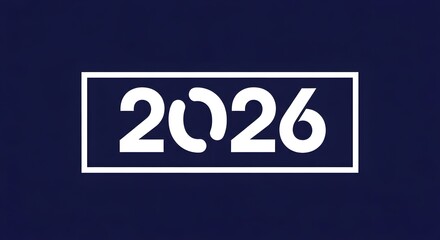 Bold white numbers 2026 displayed inside a white rectangular border against a dark navy blue textured background representing the upcoming year