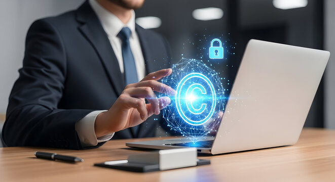 Businessman securing data with digital lock on laptop screen.