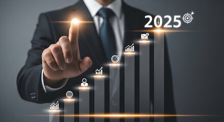 Business growth forecast to 2025 with businessman pointing to target.