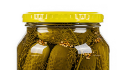 Pickled gherkins in glass jar with yellow lid, crunchy brined food.