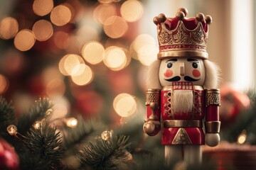 Colorful nutcracker figurine stands proudly amidst festive decorations, surrounded by twinkling lights and evergreen branches, embodying the spirit of holiday celebrations and traditions