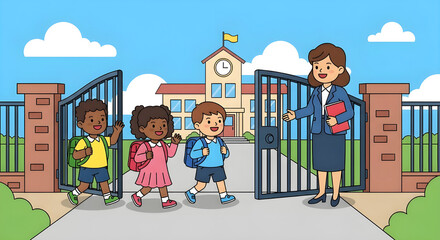Happy diverse kids and teacher welcome at elementary school gate illustration.