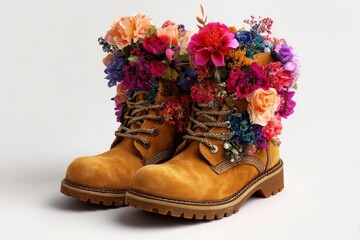 Stylish yellow boots adorned with vibrant flowers, showcasing a unique blend of fashion and nature, perfect for creative design projects and artistic expression
